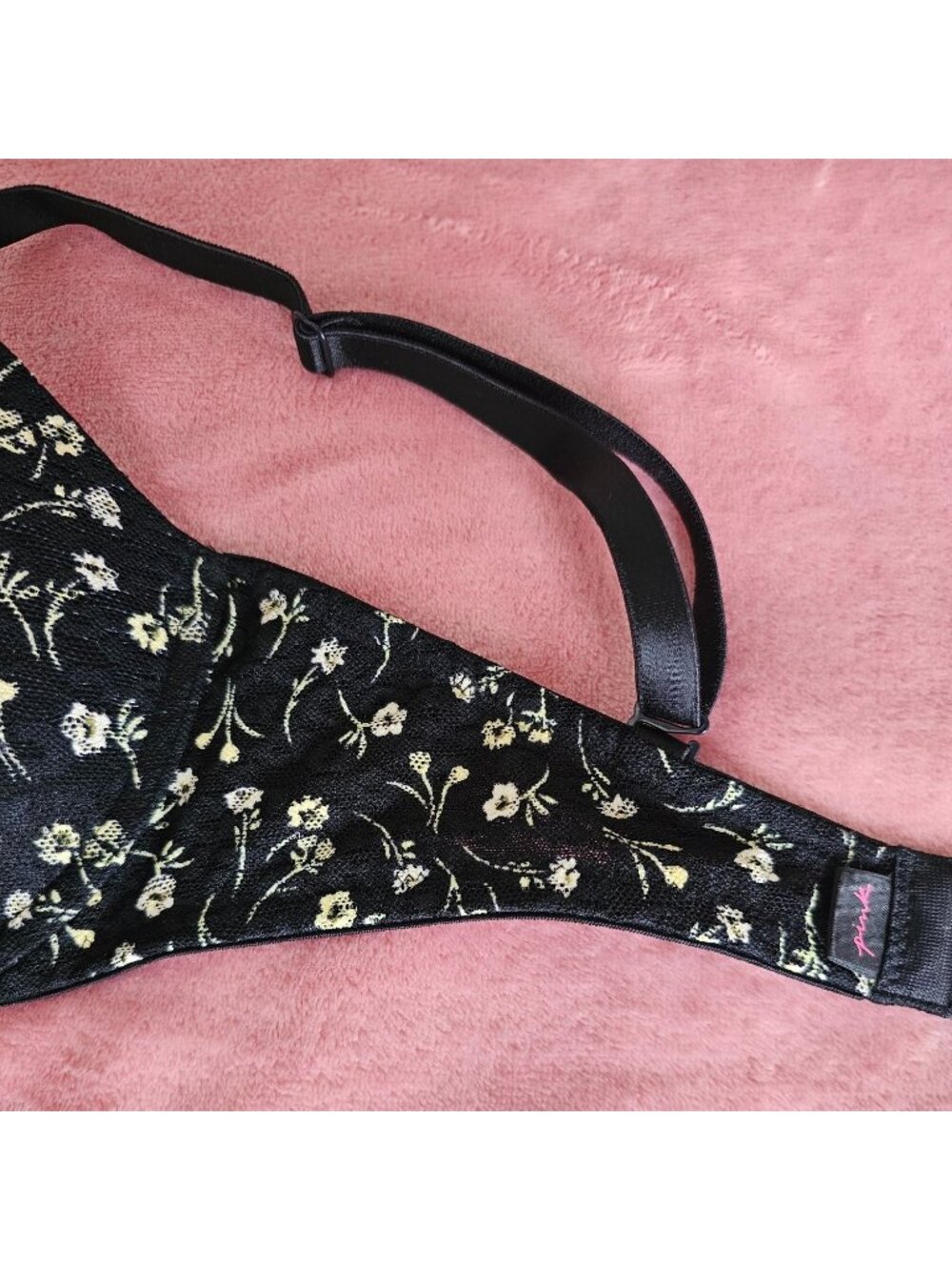 Black Floral Lace Victorias Secret Pink 34DD Push-Up Bra W/Adj Straps & Back - Picture 12 of 15